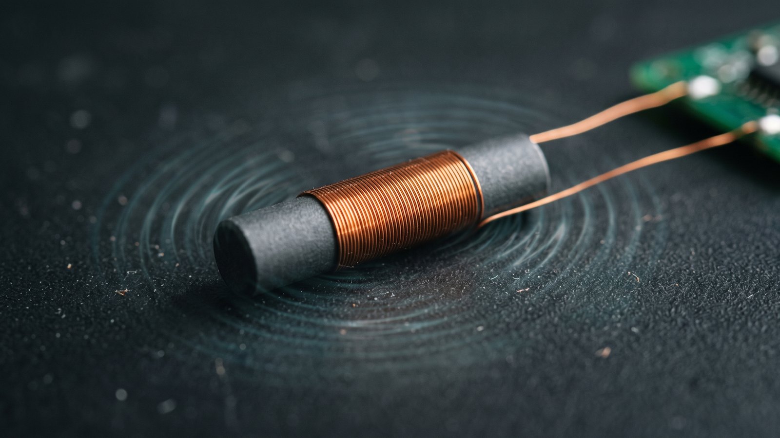 Ferrite rod antenna wound with thin copper magnet wire, leads running to a circuit board