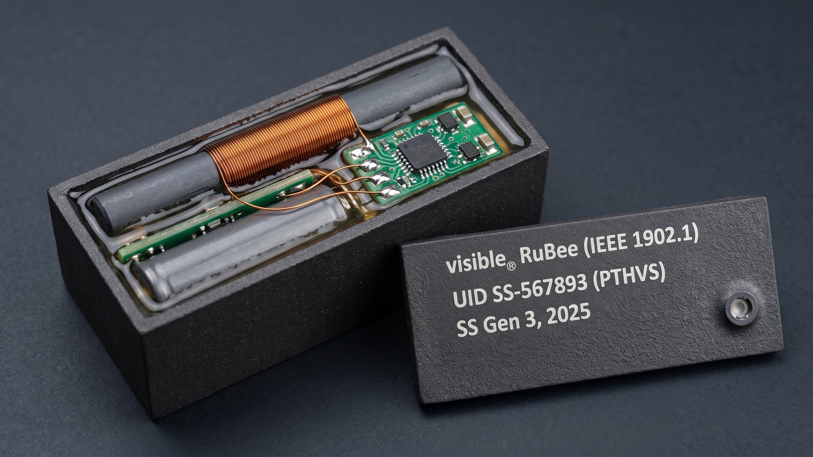 SuperSensor with the lid removed: ferrite rod antenna wound with magnet wire, circuit board with the RuBee IC and sensors, lithium cell, all set in epoxy